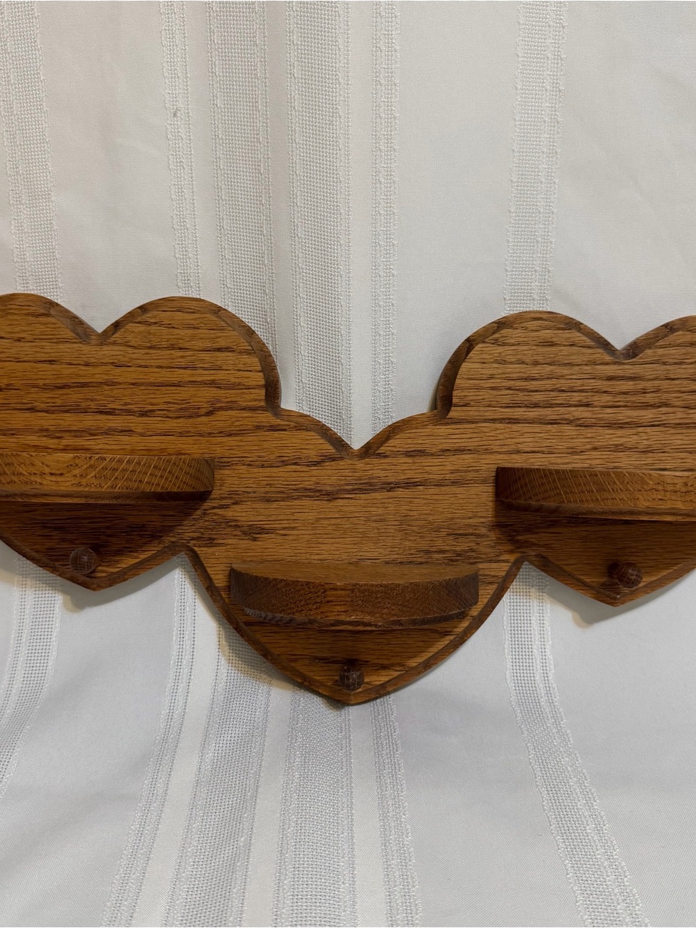 16” Vintage Oak Triple Heart Wall Shelf with Peg Hooks Rustic Country Home Decor